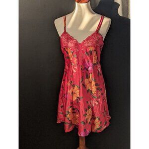 Victorias Secret Chemise Slip Size M Orange Floral Satin Lace Nightie Vtg 90s